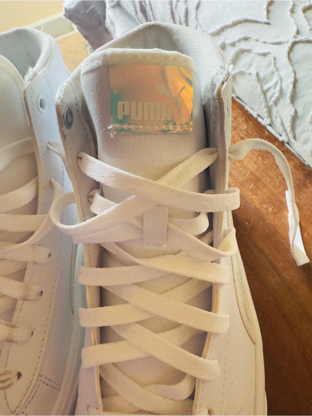 Puma White High-Top Sneakers with Iridescent Tongue Patch - Picture 2 of 6